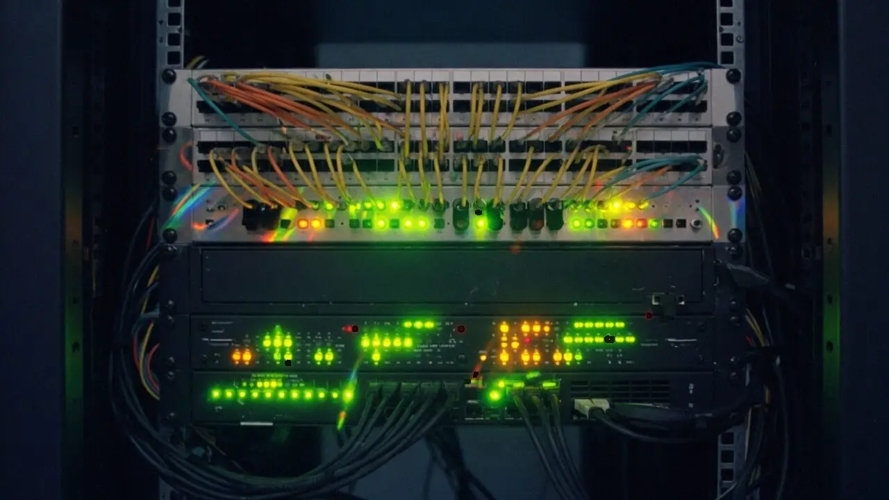 Hardware de filtro DDoS en un rack a oscuras, luces de estado verdes y ámbar parpadeando como tráfico de paquetes en vivo.